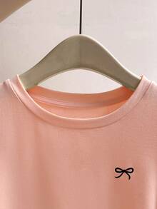INAWLY Women's Casual Bow Print Ruched T-Shirt, Spring/Autumn - Dusty Pink - View 3