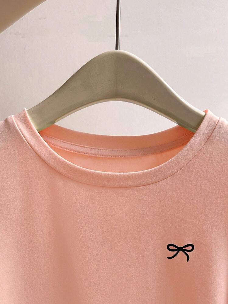 INAWLY 女式休闲蝴蝶结印花褶饰 T 恤，春秋季 - 藕粉色 - 查看 3