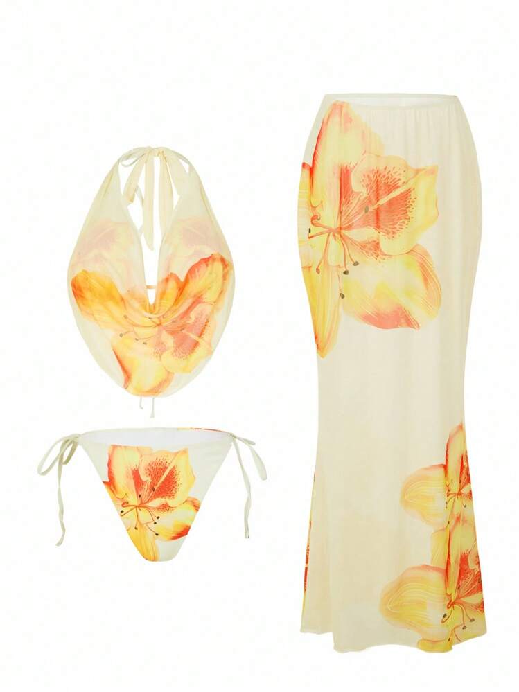 Swim Oasis Plus Size Floral Print Halter Neck Bikini Set With Ruffle Top And Mini Skirt Sexy Swimsuit For Summer Beach Vacation - Beige - View 1