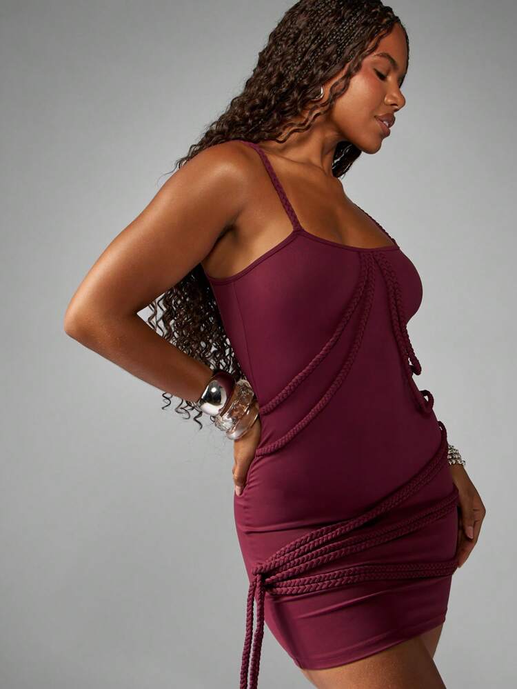 MISSGUIDED Burgundy Mini Bodycon Dress Plaited Rope Detail Spaghetti Strap Form Fitting Club Night Party Holiday Special Occasion Winter Fashion