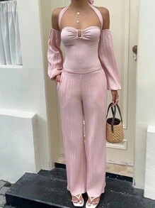 Sunnyshic 女士休闲度假针织露肩长袖上衣和阔腿裤两件套，秋冬 - 彩色 - 查看 7