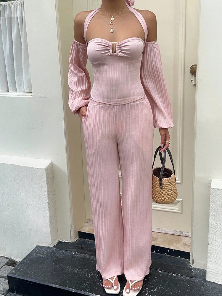 Sunnyshic 女士休闲度假针织露肩长袖上衣和阔腿裤两件套，秋冬 - 彩色 - 查看 7