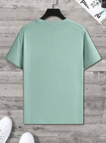 Manfinity Homme 大码男士几何山地印花圆领短袖休闲 T 恤，夏季 - 綠色 - 查看 4