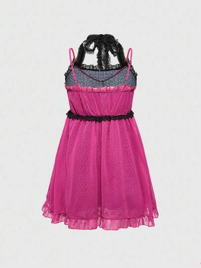 J-Fashion Women's Contrast Color Lace Decor Camisole Mini Dress