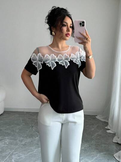 SHEIN Clasi Camiseta de mujer de cuello redondo sencilla y elegante de manga corta, adecuada para el verano