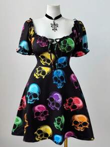 Sunspun Plus Size Women Rave Halloween Skull Graphic Short Sleeve Mini Dress - Multicolor - View 5