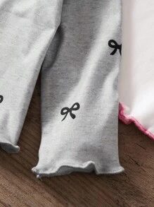 SHEIN Baby Girls' Fashion Bow Print Long Sleeve Ruffled Top, Spring & Autumn - Multicolor - View 4