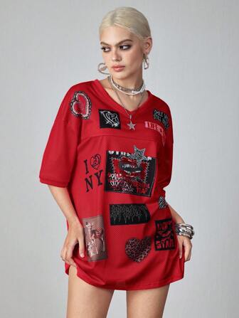 ROMWE Avant Camiseta con estampado gráfico, cuello en V y hombros caídos, estilo Y2K para mujeres