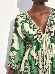 Maija 女式图腾印花 V 领褶饰长裙，百搭，适合城市通勤、商务、休闲、办公室、教师装，优雅，适合万圣节、圣诞派对、海滩度假 - 綠色 - 查看 5