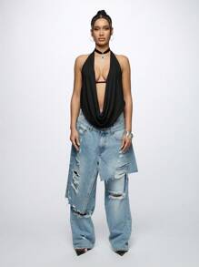 SUMWON WOMEN 优雅垂坠式露背围脖前部派对俱乐部上衣现代晚间节日风格 - 黑色 - 查看 3