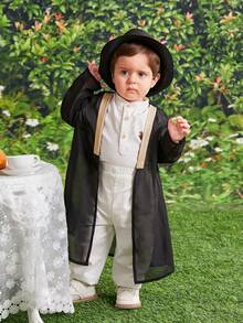 3pcs Baby Boy Summer Casual Elegant Black Mid-Length Robe, Including White Collared Short Sleeve Shirt And White Casual Pants 3-Piece Set, Suitable For Birthday Party, Evening Event, Performance, Wedding, Baby Shower, Christening And 1st Birthday Celebration