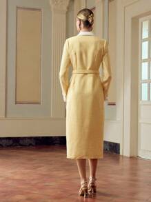 ZEYLAH Women's Elegant Mid-Length Dress With 2 In 1 Design, Long Sleeve, Single-Breasted Fall Cloth For Women