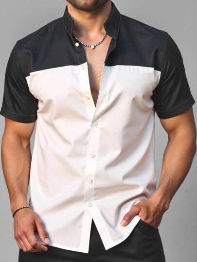 Manfinity Homme Camisa de negocios casual de manga corta con bloqueo de color, hombro regular y abotonadura sencilla, hecha de tela de satén. El material es suave y transpirable, adecuado para hombres jóvenes y de mediana edad refinados. Es una excelente opción para uso casual diario, caminatas al aire libre, trabajo de oficina y reuniones sociales. También es un regalo ideal para su novio o esposo. Camisa de moda para hombres, camisas para hombres, camisa de hombre con bloqueo de color en negro y blanco, camisas de vestir de manga corta para hombres