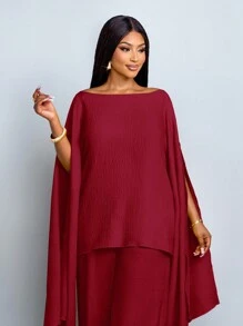 SOLERSUN Bộ đồ vest hai mảnh, bộ đồ ngày lễ rộng rãi, vải mùa thu cho nữ - Màu Đỏ Sâu - Xem 4