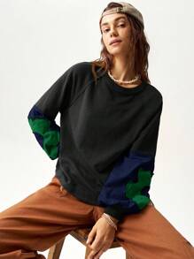 Bohemela Women's Solid Color Block Crew Neck Long Sleeve Floral Decor Sweatshirt, Casual Wear Fall Topspull Oversizeblouse Green Oversized Tops Aesthetic Tops Sleeve Top Oversized Graphic Tees Women Long Sleeve Tops, - Multicolor - View 4