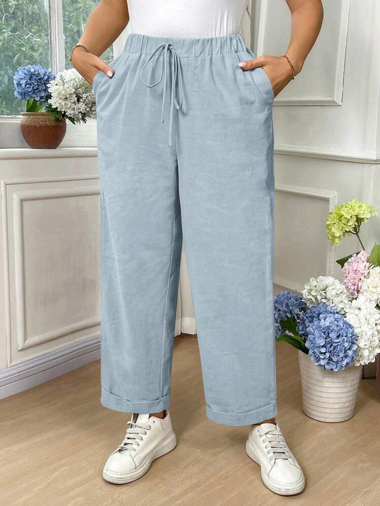 EMERY ROSE 大码女式纯棉纯色腰带口袋休闲锥形裤 - 淺藍色 - 查看 4