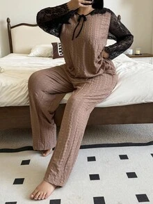 SHEIN Große Größen Spitze Patchwork Langarm Top & Hose Pyjama Set, Outfits, Herbstkleidung - Kaffeebraun - Übersicht 6