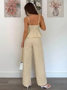 Siren Gaze 2件套女士休闲提花吊带背心上衣和裤子套装 - 卡其色 - 查看 3