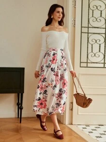 SHEIN Clasi 女士花卉印花褶皱复古优雅半身裙，适合外出、通勤、日常穿着、感恩节、返校、教师、秋季 - 彩色 - 查看 4