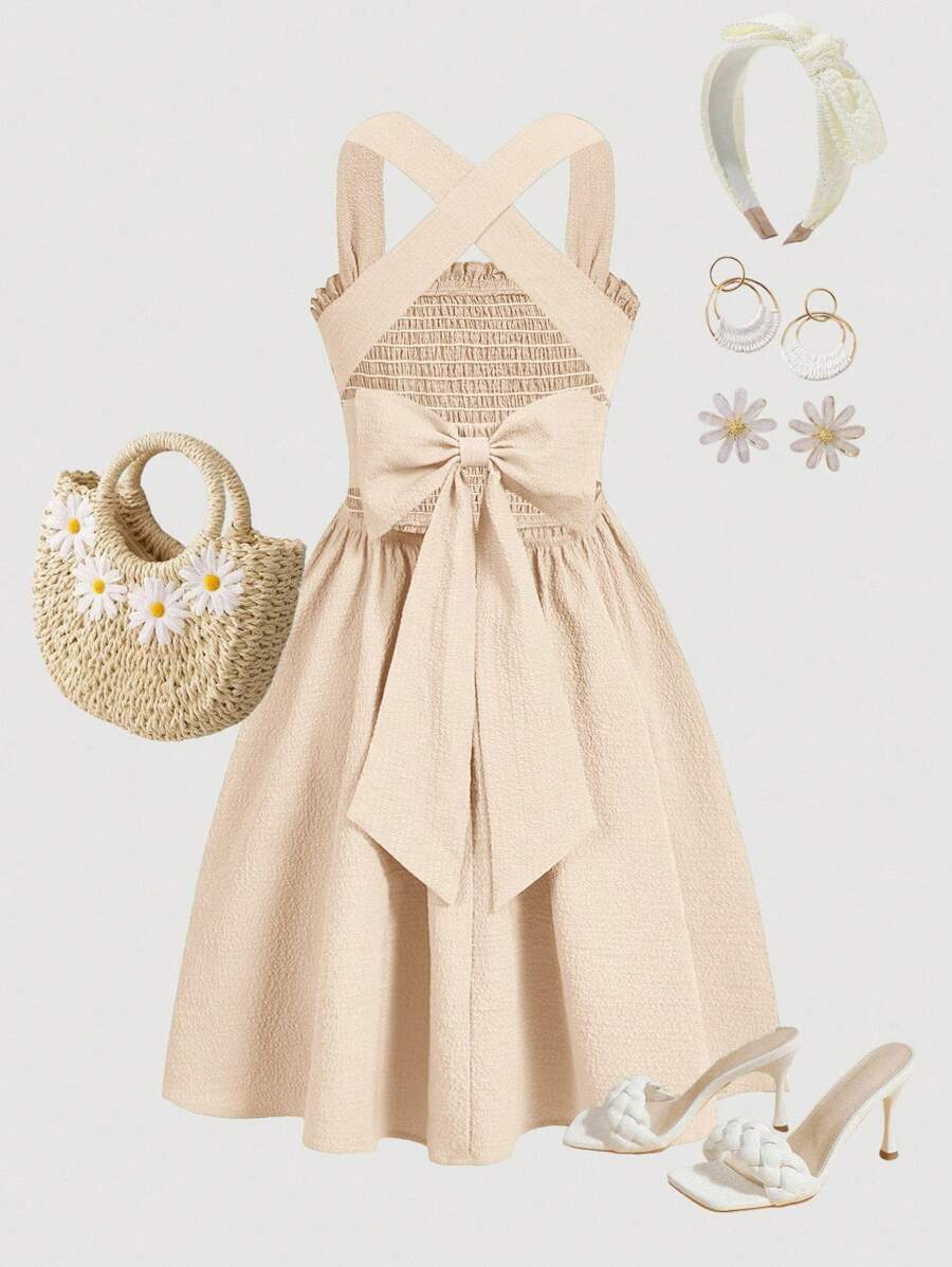 SHEIN Tween Girls' Backless Bow Decor Cross Strap Casual Sleeveless Dress - Beige - View 1