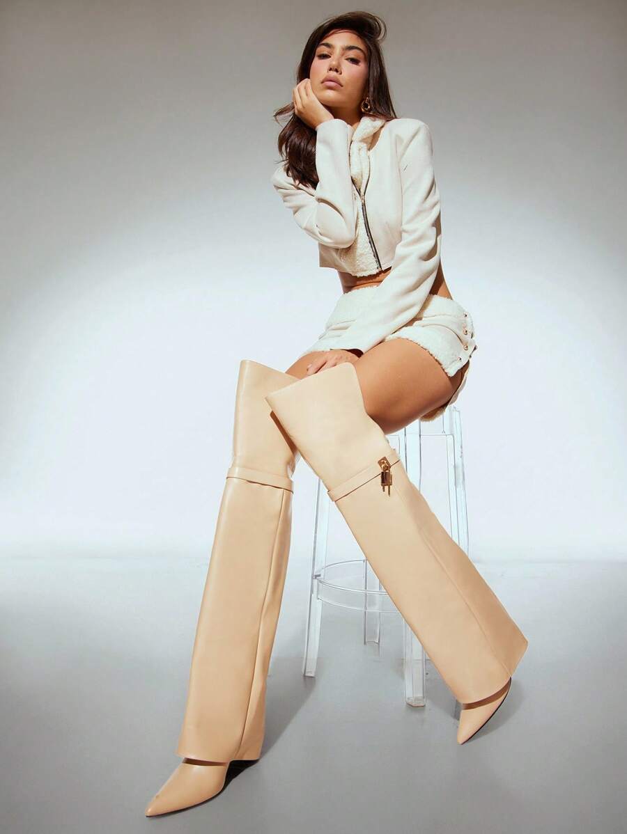 SHUZIA Women Fashion Comfortable Folded Over Over-Knee Heeled Boots With Lock Decor - Beige - View 1