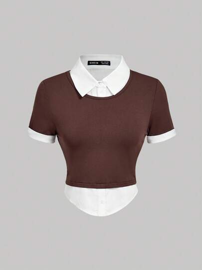 SHEIN MOD Brown Collegiate Style 2 In 1 T-Shirt, Short Sleeve Slim Fit Top,Autumn And Winter,Goth,Homecoming,Back To School,Business Casual Woman,Work,Rave, Brown Crop Top, Preppy Brown Top Women