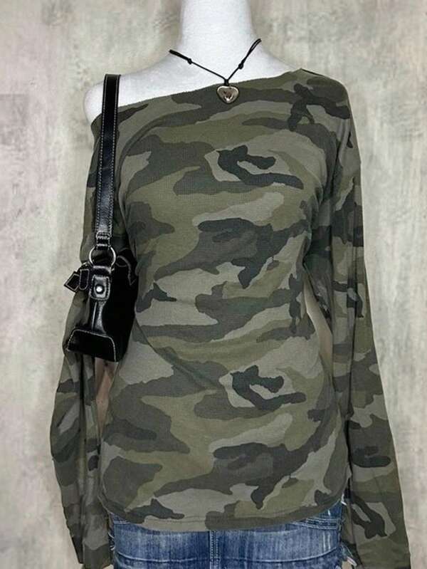Attitoon Casual Minimalist Street Punk Style Olive Camo Allover Print Y2K Women Oblique Shoulder Sweatshirt, Casual & Simple, Suitable For Autumn/Winter