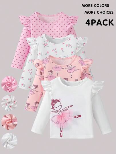 SHEIN Playful Pals 4pcs/Set Baby Girls' Casual Daily All-Match Versatile Ballet Tulle Skirt Dress, Striped & Ditsy Floral Top, Comfortable Soft Fabric, Great Value Multi-Piece Set Fall Winter