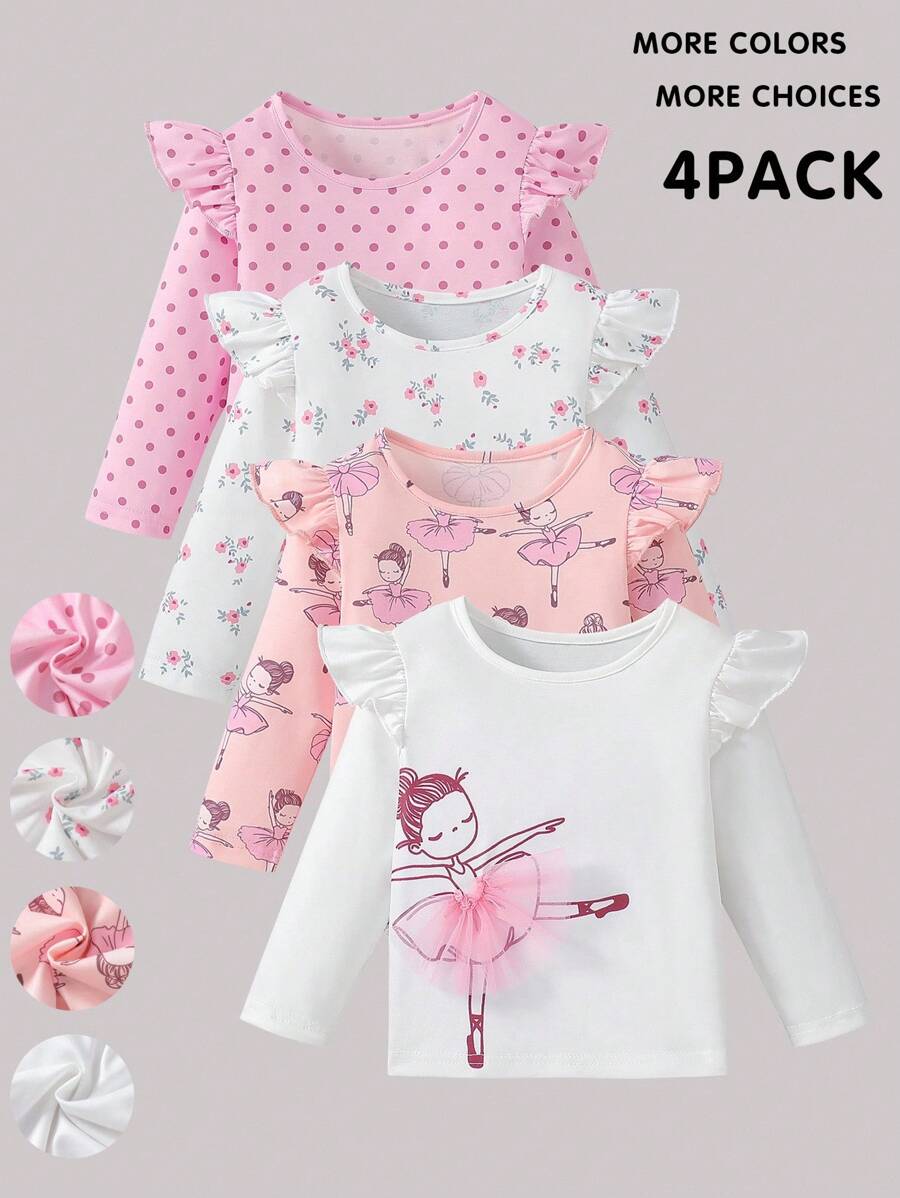 SHEIN Playful Pals 4 件套女婴休闲日常百搭芭蕾薄纱裙,条纹碎花上衣,舒适柔软面料,超值多件套 - 彩色 - 查看 1