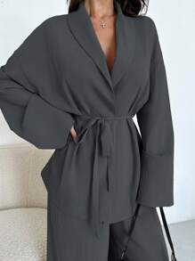 Firerie 女士优雅休闲度假通勤办公室翻领腰带宽松夹克和高腰休闲裤，适合秋夏季 - 灰色 - 查看 5