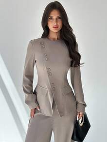 Firerie Bộ vest 2 món màu xám kaki thanh lịch, thời trang đường phố đa năng hàng ngày dành cho nữ, thu/đông, ve áo lệch không đối xứng, thắt nút eo, tay dài, quần cạp cao - Xám - Xem 3