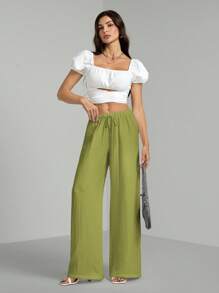 SHEIN Tall Loose Cotton Drawstring Waist Trousers In Textured Crinkle Fabric - Army Green - View 4