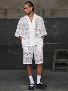 AXEPEAK Men's Summer Holiday Milk Silk Embroidered Textured Hollow-Out Casual Short Sleeve Shorts Set