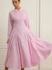 GENKIRA French Retro Waist Flared Split Hem Plaid Shirt Collar Long Sleeve Dress For Women Fall Cloth For Women - Pink - View 5