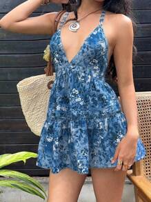 Sunnyshic Women's Casual Vacation Daily Versatile Retro Paisley Digital Print Backless Tie Bow Halter Dress, Spring/Summer - Blue - View 6