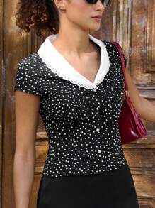 lacRébo Vintage-Stil Bluse mit Knopfleiste und Polka-Punkt-Muster, Kontrast-Weißer Kragen, Business-Lässig-Top für Herbst - Verschiedenfarbig - Übersicht 1