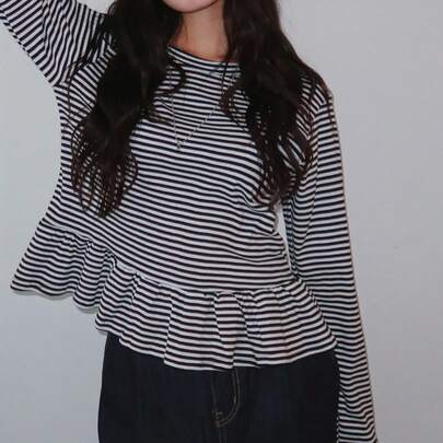 여성용 스트라이프 라운드 넥 긴팔 펩럼 헴 티셔츠, 가을 여성 의류