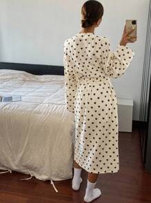 Livesso Heart Pattern Allover Print Long Sleeve Casual Bathrobe With Waist Belt Pajama, Fall, Winter - Black and White - View 2