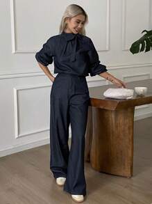 Livesso 女式夏季系带长袖上衣和休闲牛仔裤套装