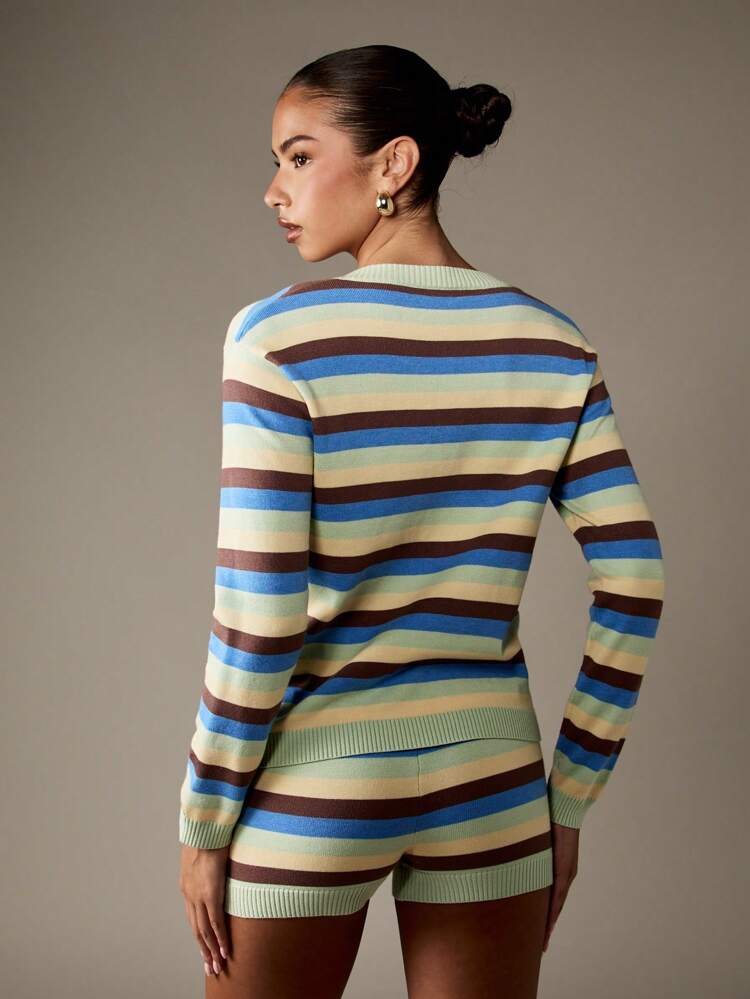 MISSGUIDED Striped Button Front Cardigan With Ribbed Trim