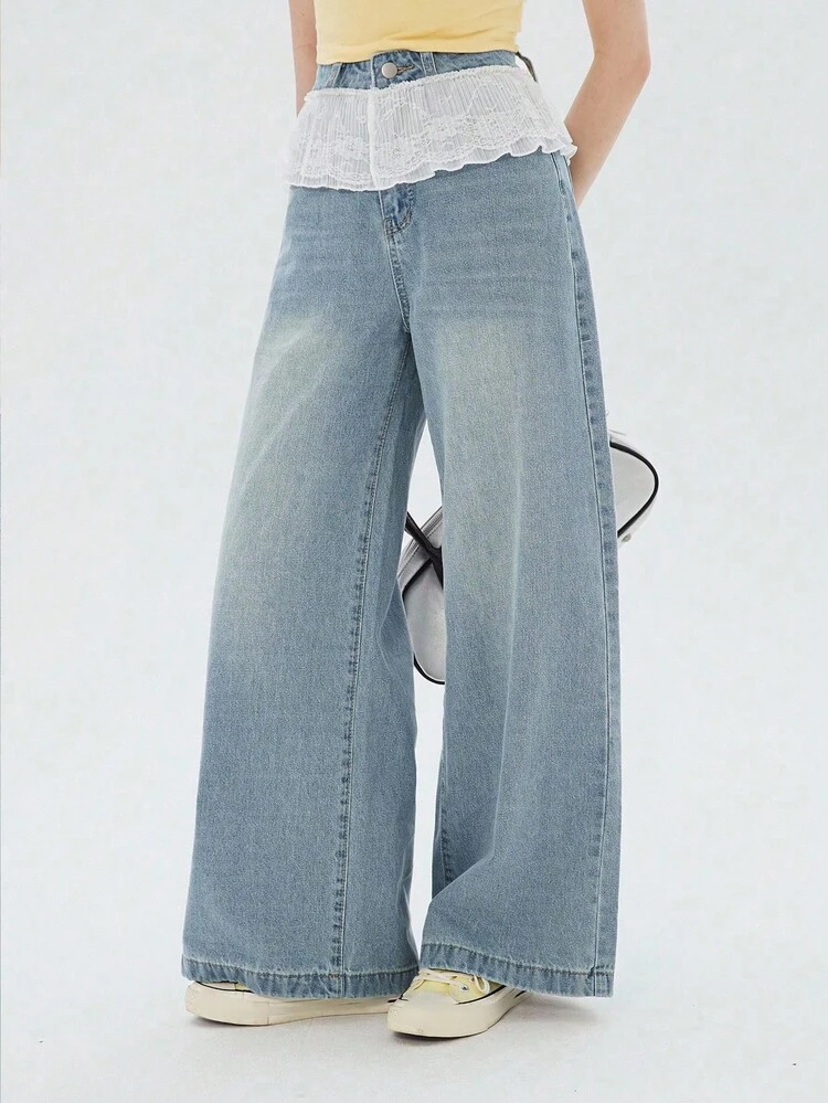 Women's Lace-Trim Casual Cute Straight Leg Jeans