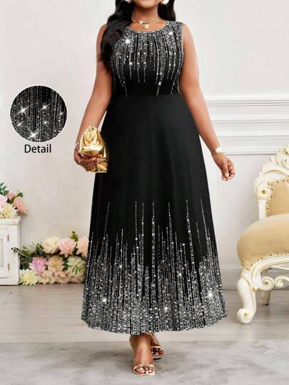 SHEIN Lady 春夏优雅派对婚礼酒会音乐会/音乐节音乐会/音乐节彩色针织圆领圆领喇叭长款无袖大码连衣裙