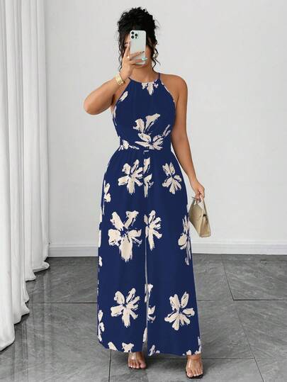 Elenzga 大码女式优雅花卉印花吊带连体裤，夏季