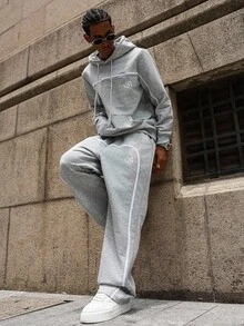 PAVTROS Manfinity Streetrush Men's Street Style Gothic Letter Print Drawstring Hoodie Set ,Fall Clothes - Grey - View 3