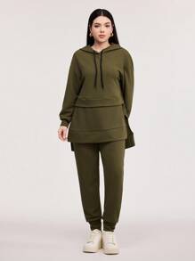 Veilorie 落肩开衩下摆抽绳连帽衫和运动裤两件套 - 軍綠色 - 查看 3