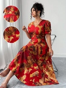 Elenzga 大码女式优雅 V 领褶饰腰部中长连衣裙，夏季 - 紅色 - 查看 3