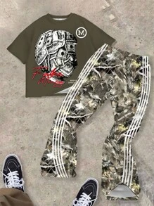 SHEIN 青少年男孩休闲简约时尚经典肖像和树叶树枝印花短袖圆领 T 恤和喇叭裤 2 件套，适合夏季