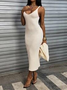 INAWLY Women's Solid Color Minimalist Casual Camisole Dress, Long Sleeve Cardigan, Sweater Set - Apricot - View 1