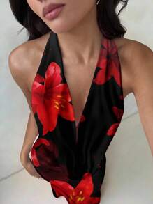 Aloruh 性感热带红色花卉印花垂坠领长裙，适合女士节日、派对、音乐节、优雅场合、修身、波西米亚风格 - 彩色 - 查看 6