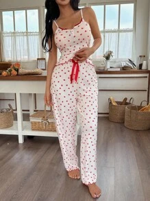 Eraneu Casual-Young Knitted Pajama Set With Heart Print And Spaghetti Straps For Women Heart Pajama Set Strawberry Pajama Set Heart Print Pajama Set Red Heart Pajamas Women Heart Pajamas  Cozy And Elegant Details - Apricot - View 4